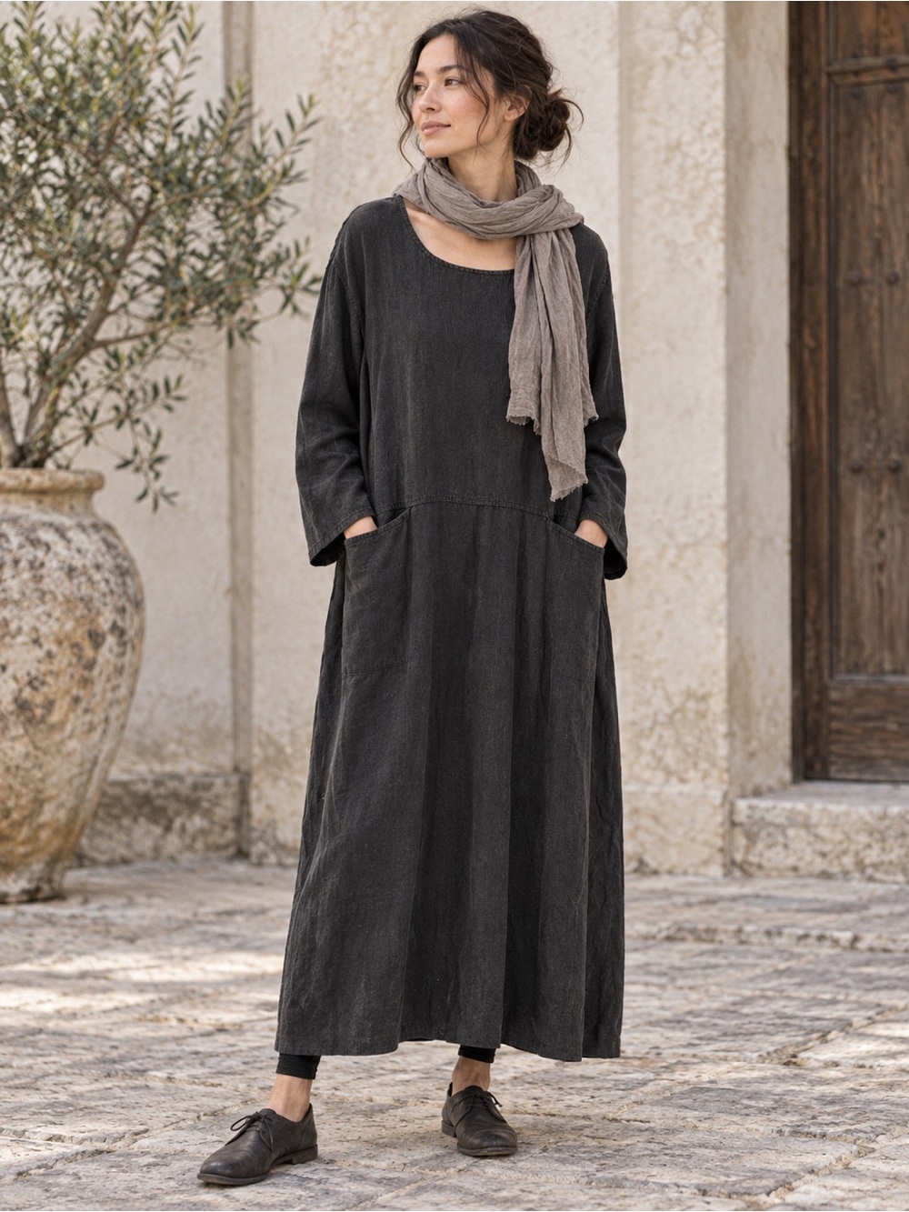 Vintage Focus USA 100% Linen Black Maxi Dress XL Lagenlook Minimalist Artsy